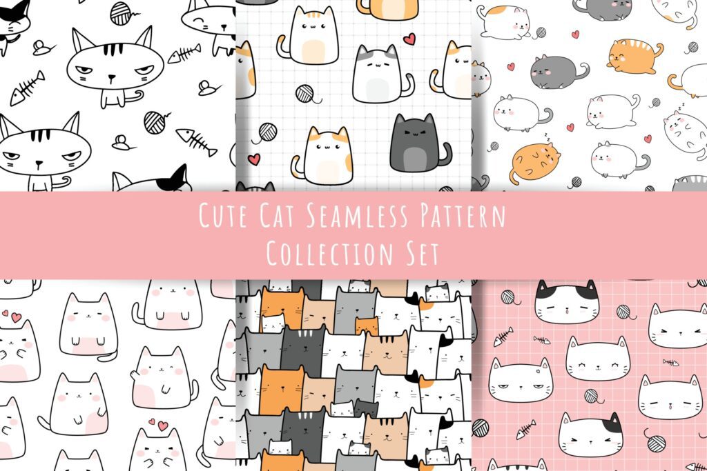 Set of Cute cat kitten cartoon doodle seamless pattern bundle Free Vector