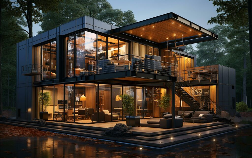 unique industrial architecture house in daylight, photo-realistic AI generative Stock Free