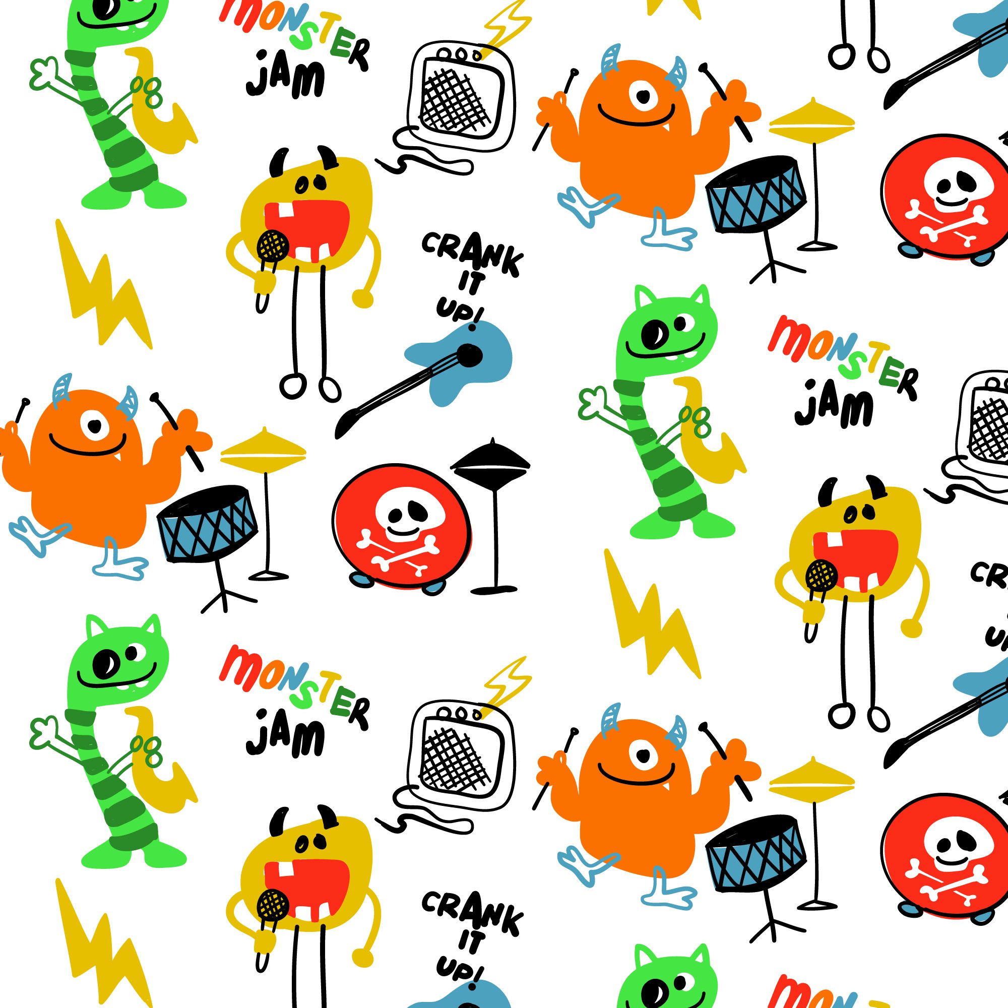 Hand drawn colorful monsters music pattern background Free Vector