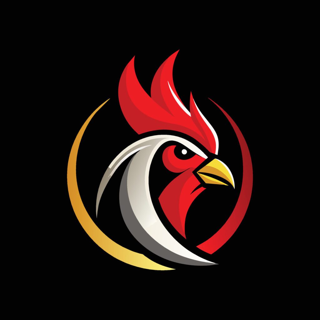 A modern rooster logo design displayed against a black background, A sleek and modern interpretation of a chicken for a logo design Free Vector