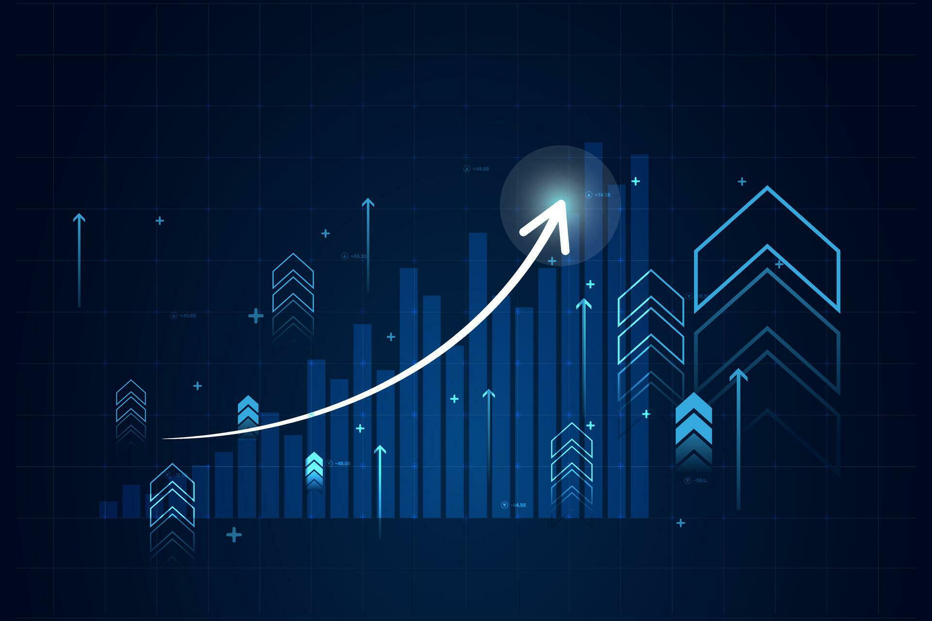 Abstract financial chart with up trend and arrow line graph in stock market on gradient dark blue color background Stock Free