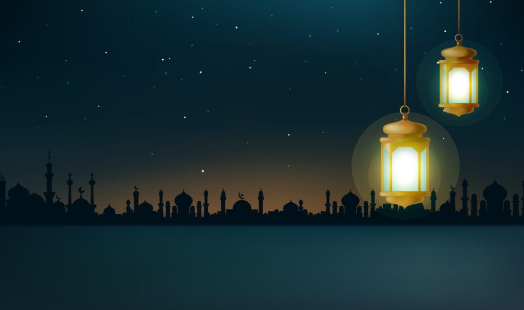 a poster for a city with a tower with a moon and a city in the background Free Vector