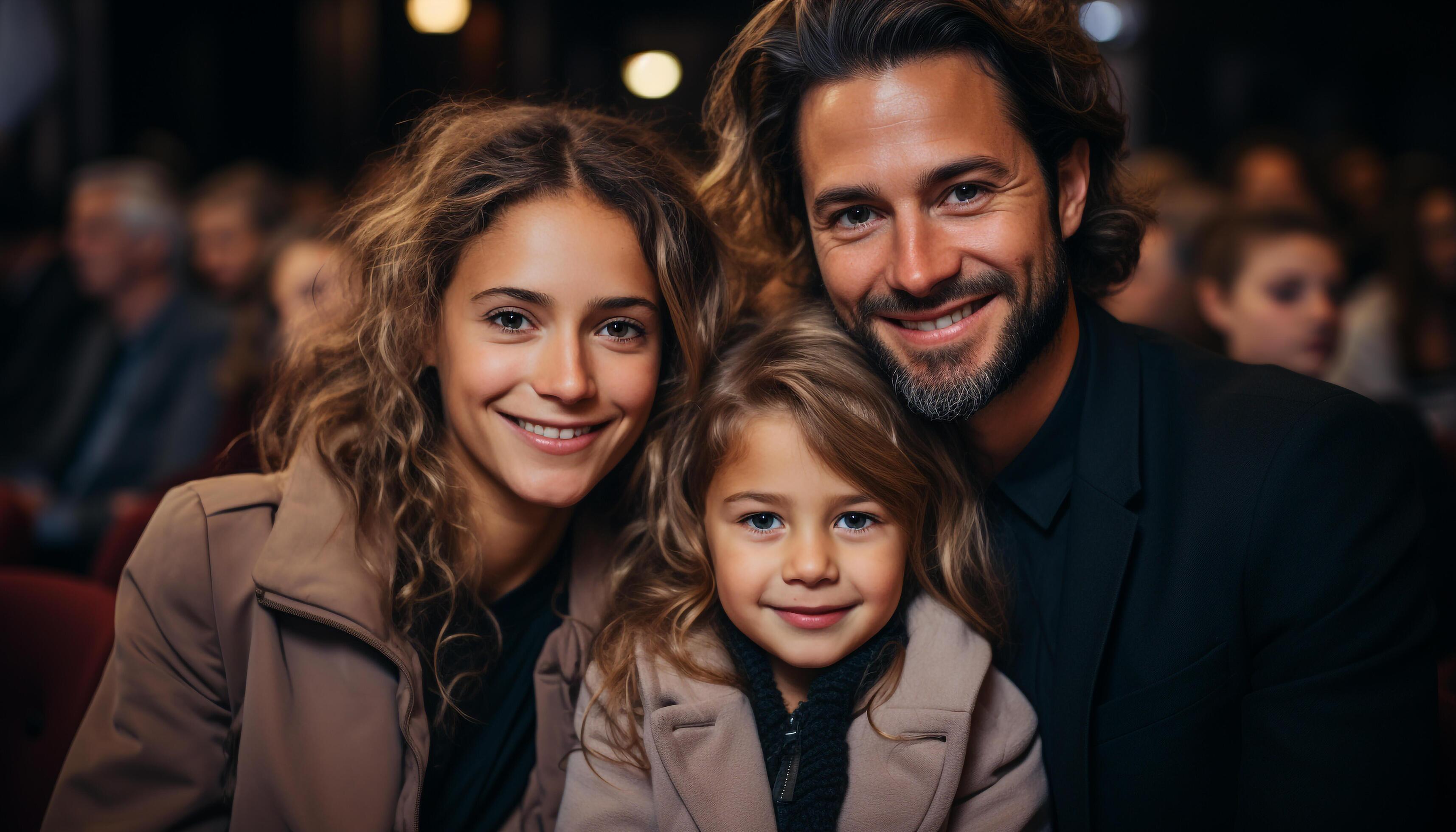 AI generated Smiling family embracing, looking at camera, enjoying winter outdoors generated by AI Stock Free