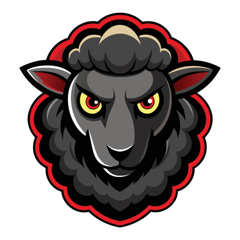 A distinctive black sheep with yellow eyes standing on a white background, Black Sheep Logo Mascot, Distinctive Illustration Graphic Free Vector