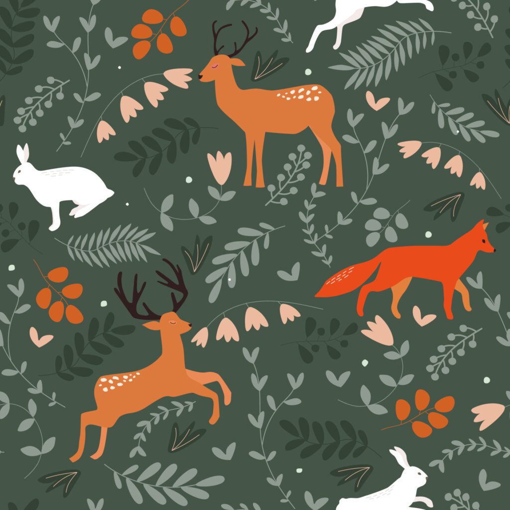 Seamless pattern with a forest natural print. Wild forest animals hare, fox, deer among leaves, flowers, branches. Free Vector