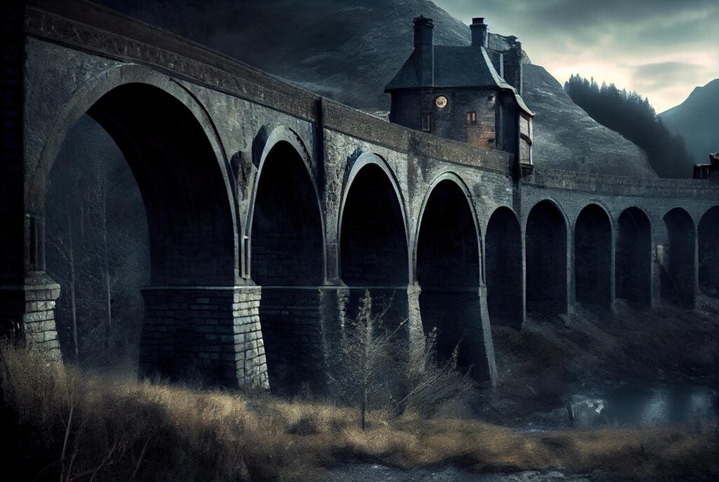 Surreal gloomy landscape with bridge. Stock Free