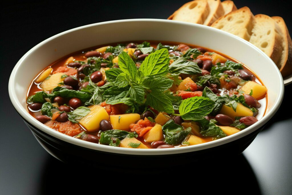 A delicious minestrone soup food in a bowl. Italian food and healthy protein soup meal concept by AI Generated Stock Free