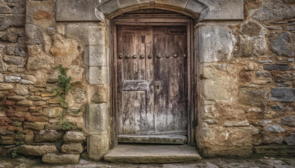 Ancient rustic door with weathered stone and rusty lock generated by AI Stock Free