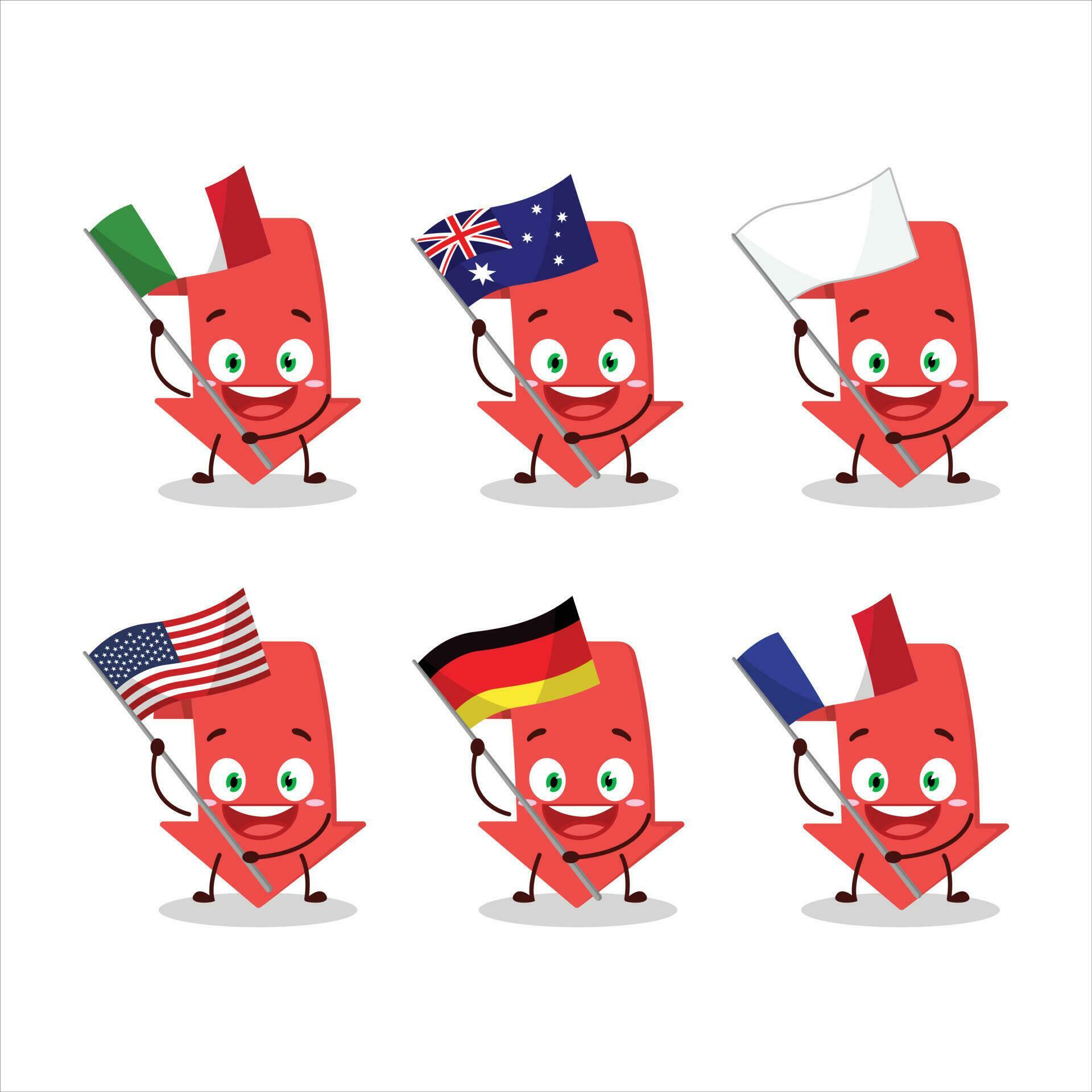 Arrow down cartoon character bring the flags of various countries Stock Free