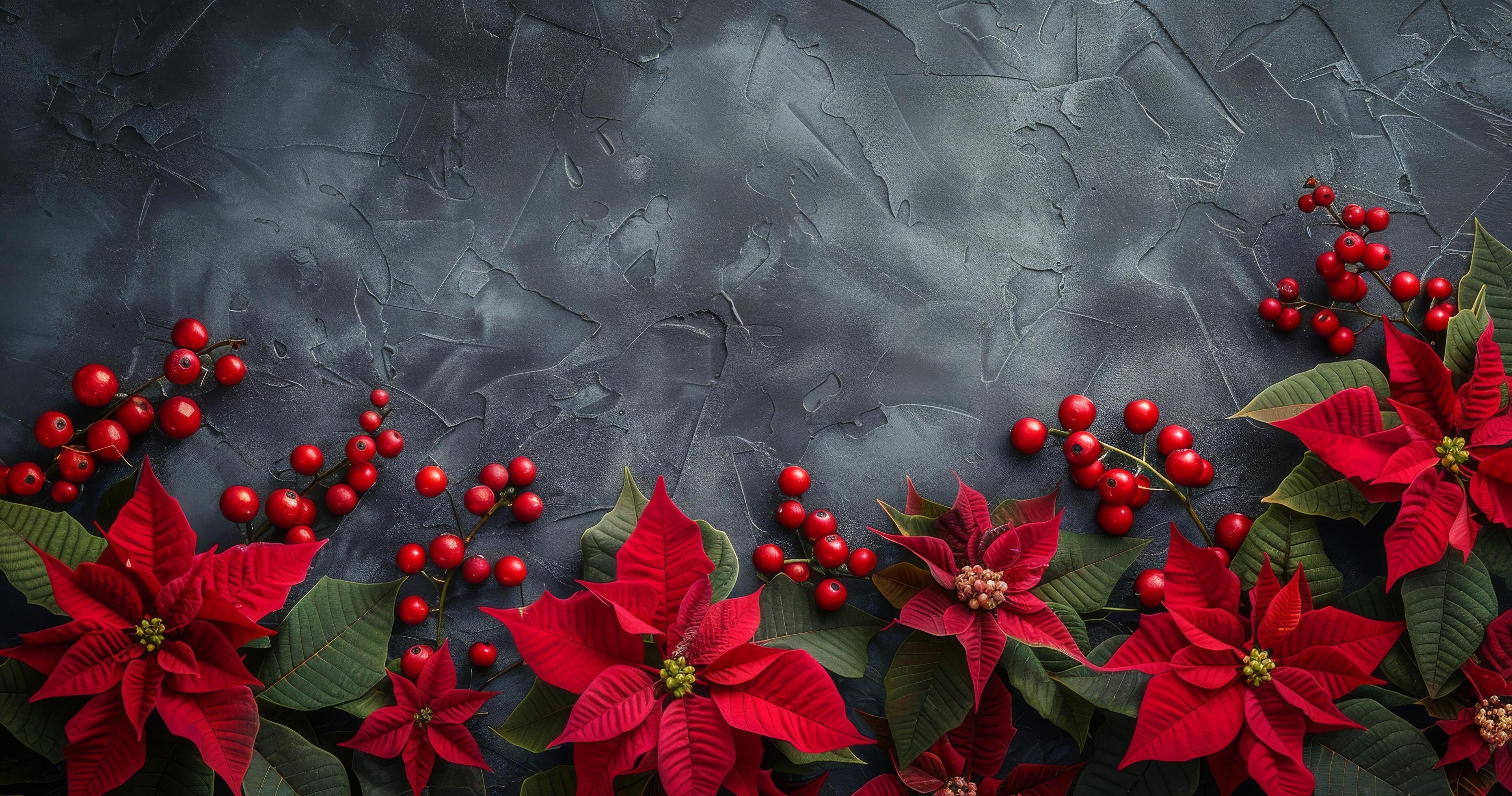 Red Poinsettia and Berry Christmas Floral Arrangement on Gray Background Stock Free