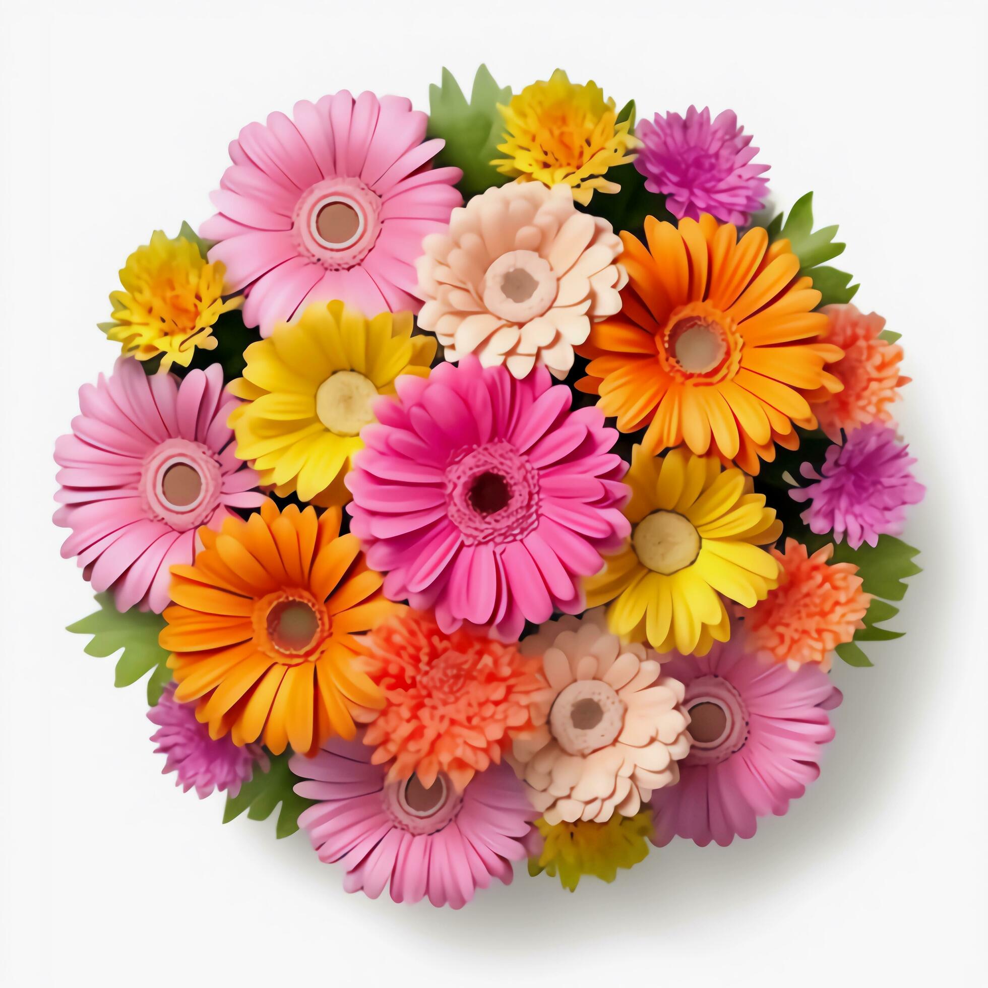 A top view of a bouquet of various colorful flowers. Isolated white background. AI Generated. Stock Free