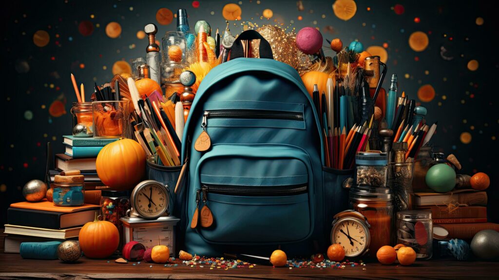 School backpack for textbooks pens pencils books and other educational supplies for learning, back to school concept Stock Free