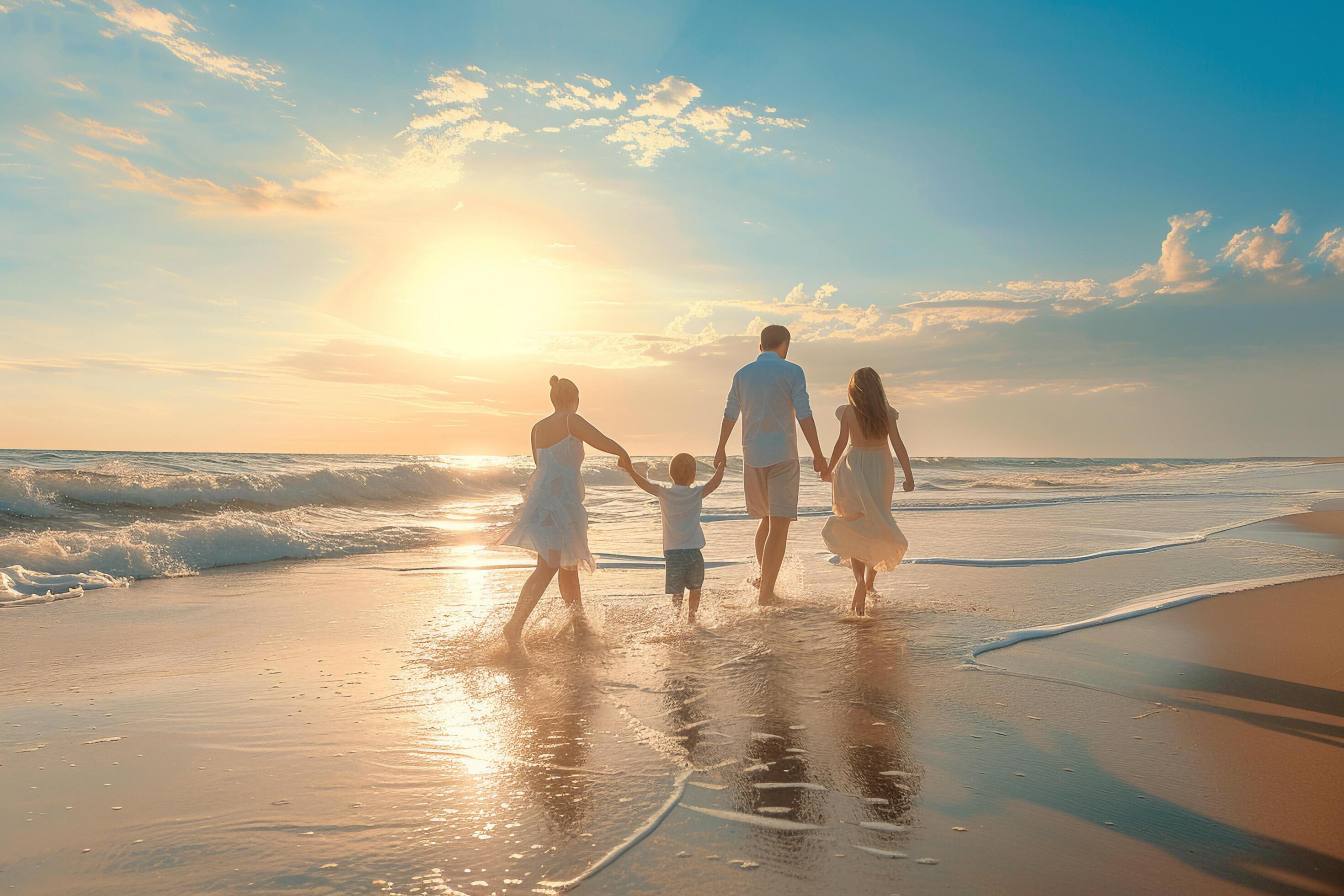 AI generated Happy family of father, mother and daughter walking on the beach at sunset. Stock Free