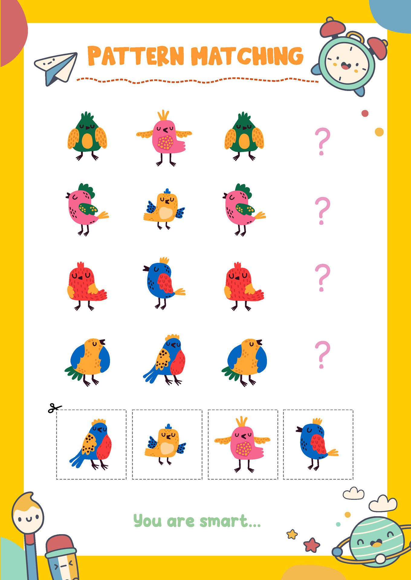 Matching pictures to patterns. Activity worksheet Free Vector