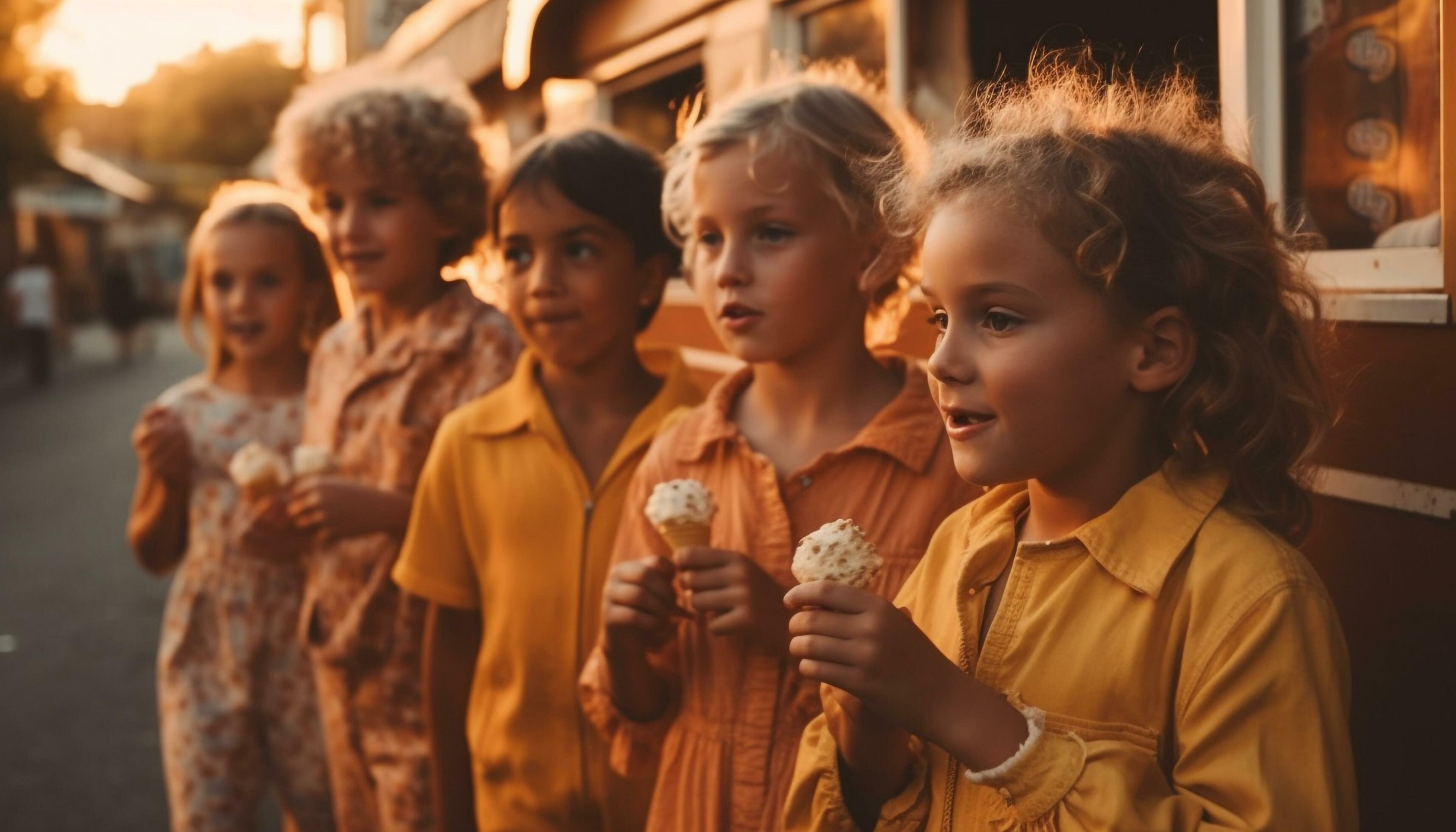 Children enjoying sweet food at sunset outdoors generated by AI Stock Free