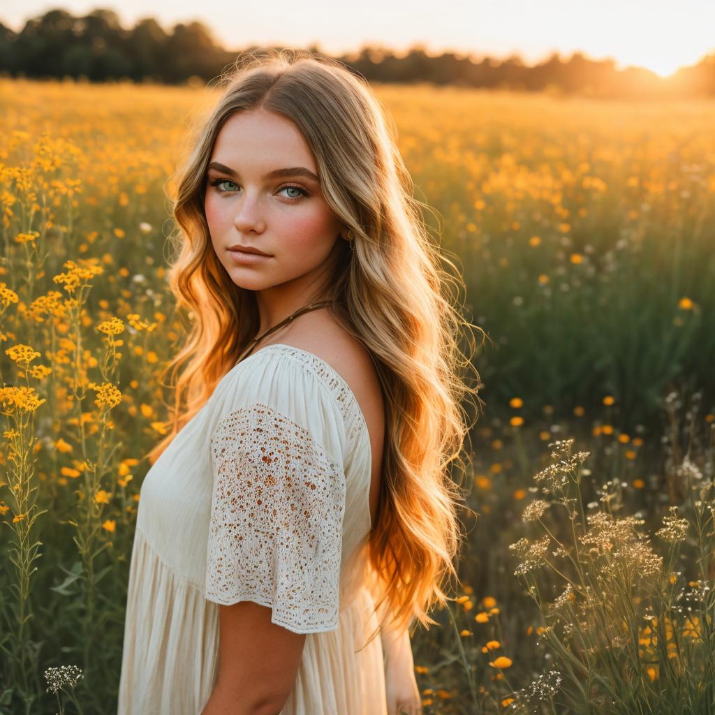 Girl among wildflowers, golden by @ai_generated