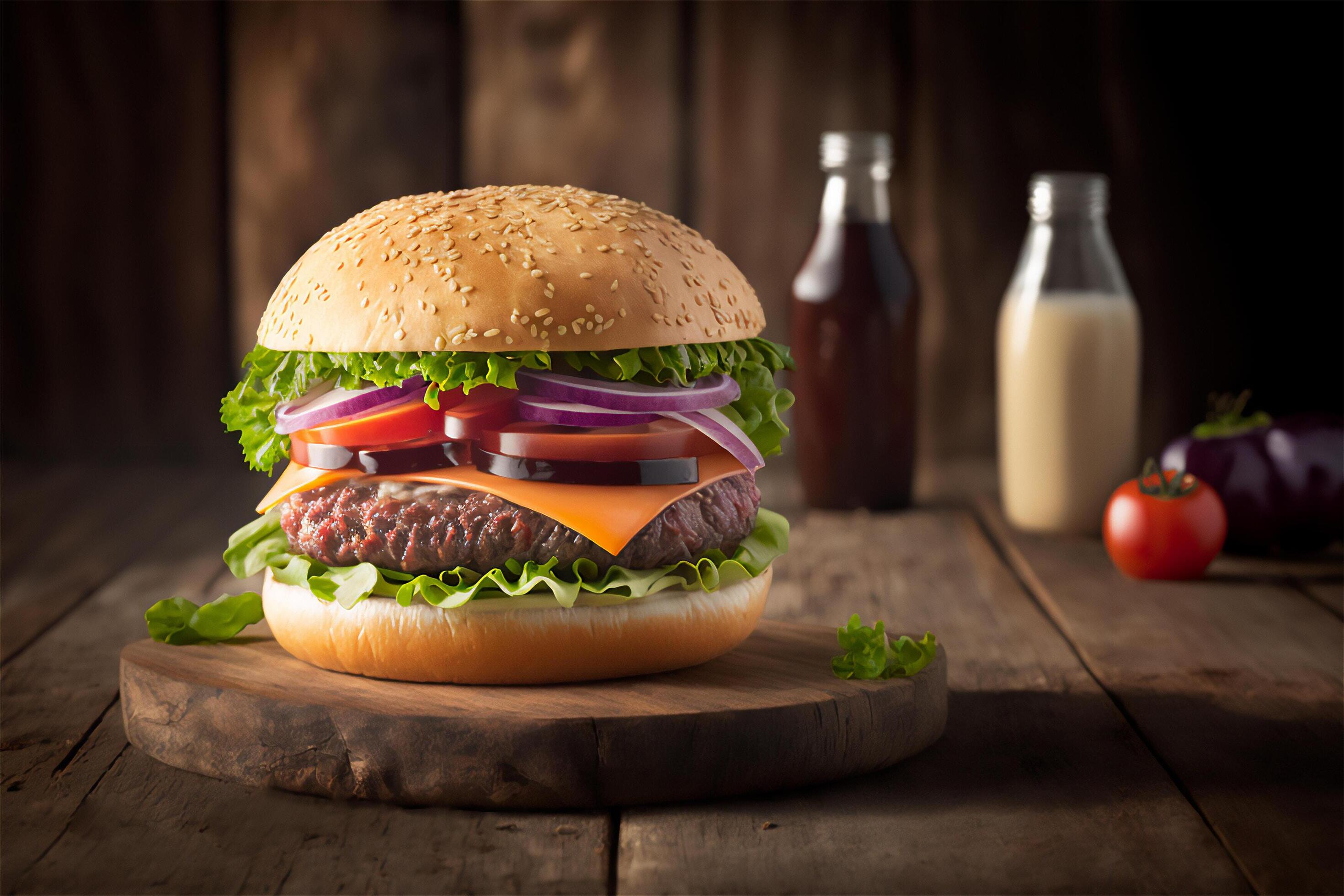 Tasty homemade hamburger on rustic wooden table. Copy space. Advertising. . Fast food snack Stock Free