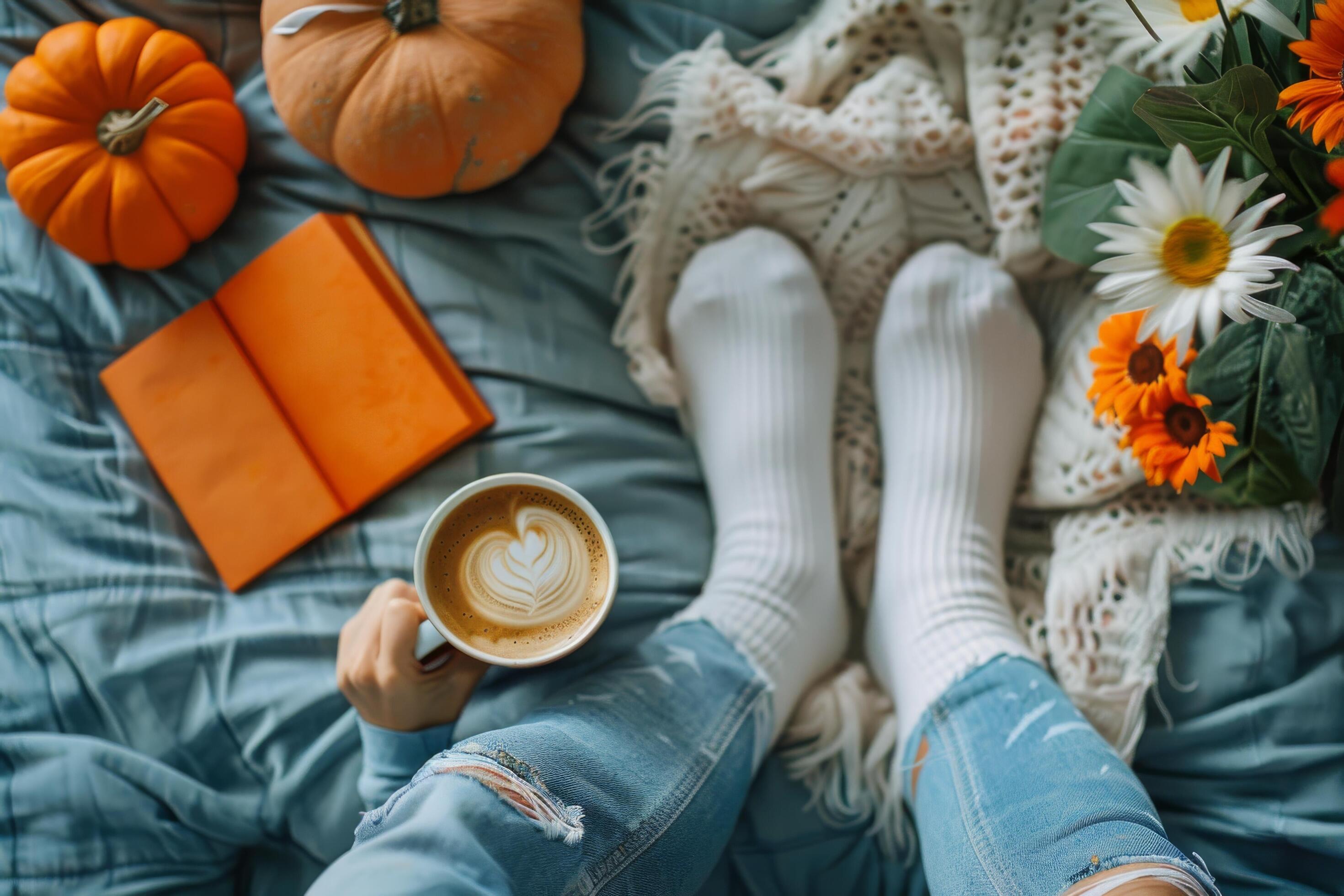 Cozy Autumn Day With a Cup of Coffee and a Pumpkin Stock Free