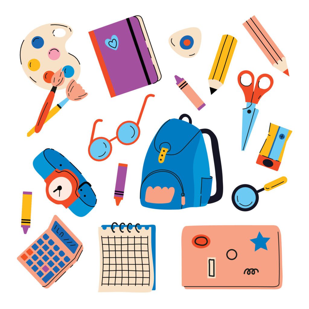 school supplies and accessories are arranged on a white background Free Vector