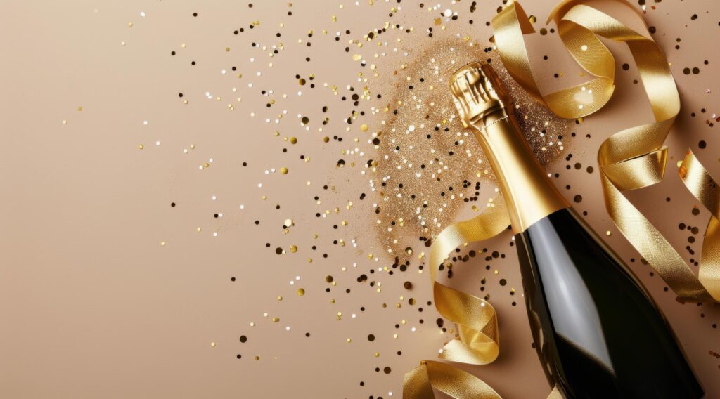 Champagne Bottle Surrounded by Gold Confetti and Ribbon on Beige Background Stock Free