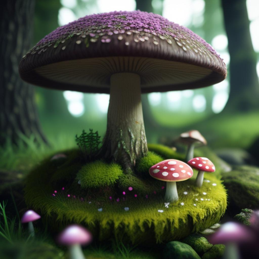 Mushroom, mossy, flowers by by @ai_generated