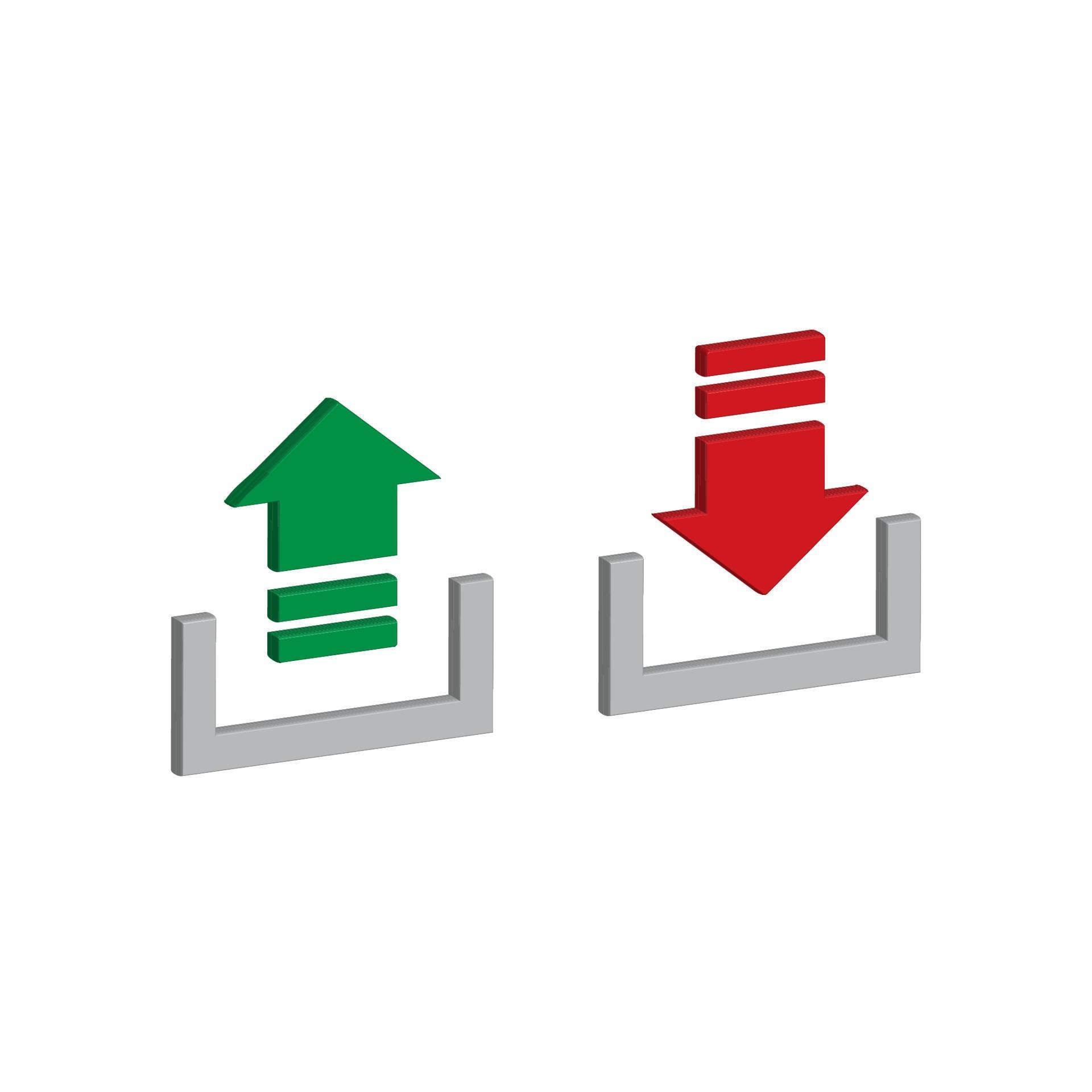 vector illustration of 3D icons of upload and download symbols, up and down arrows, red and green colors. Stock Free