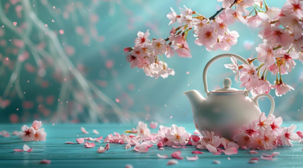 White Teapot and Cherry Blossom Petals on a Blue Background Stock Free