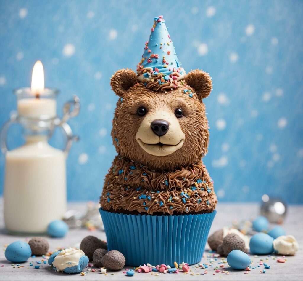 Cupcake with chocolate bear and candle on a blue background. Free Photo