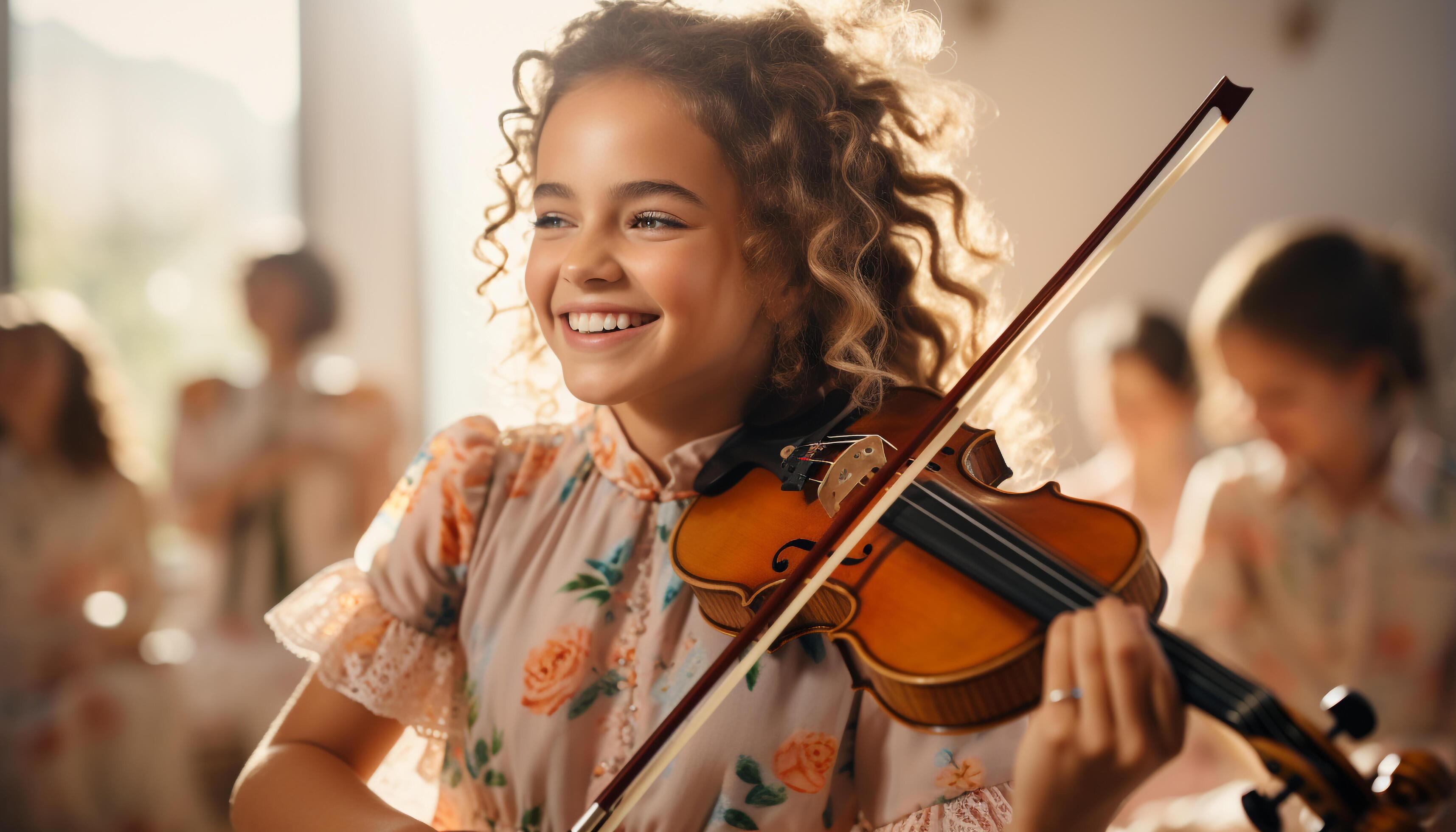 AI generated Smiling children playing violin, happiness indoors, girls’ musical education generated by AI Stock Free