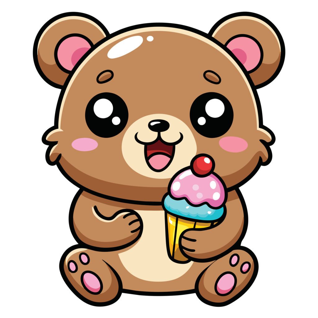 a cute kawaii bear eating ice cream, with clean black outlines, white background Free Vector