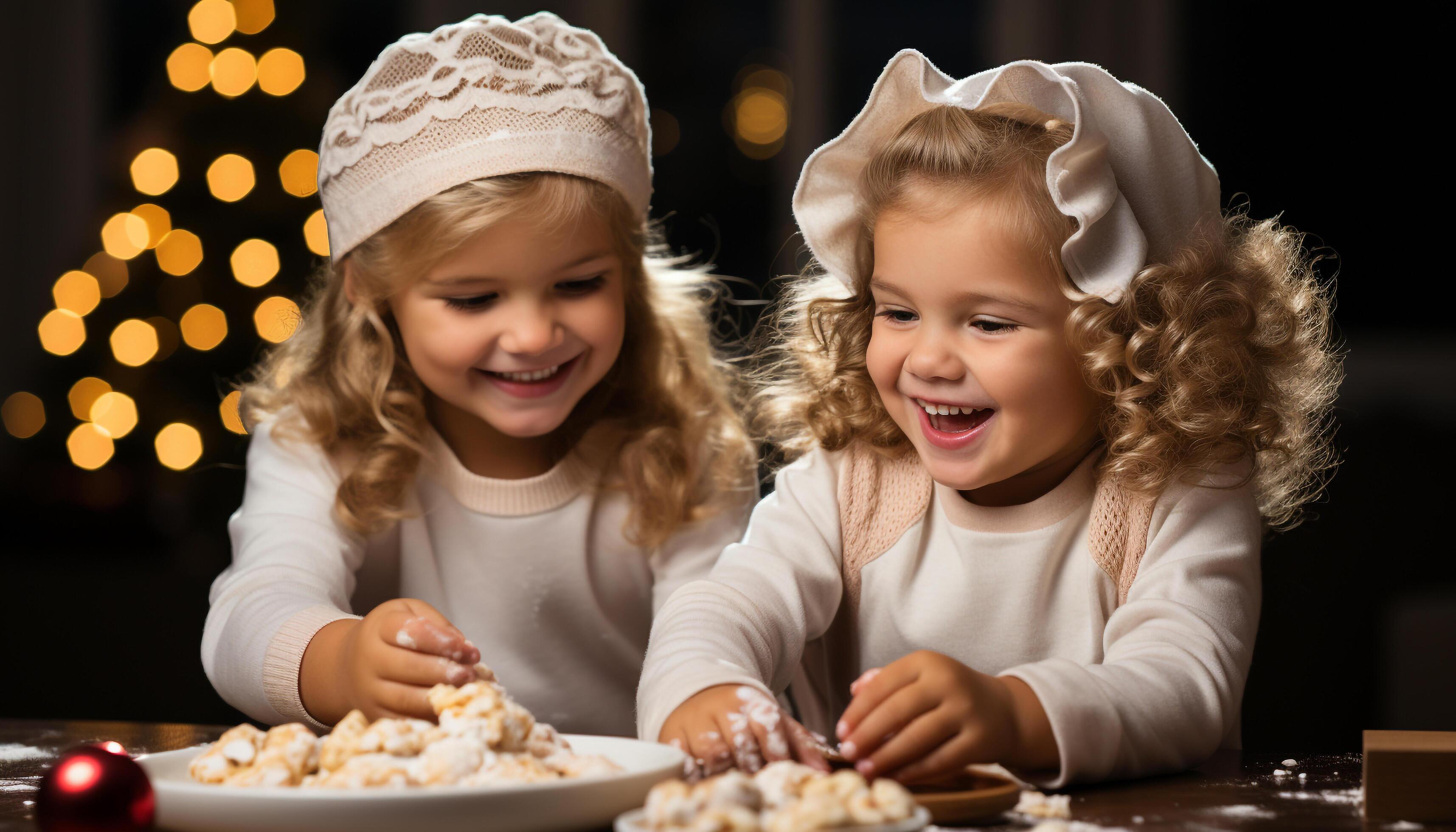 AI generated Smiling girls baking cookies, family joy in cozy kitchen generated by AI Stock Free