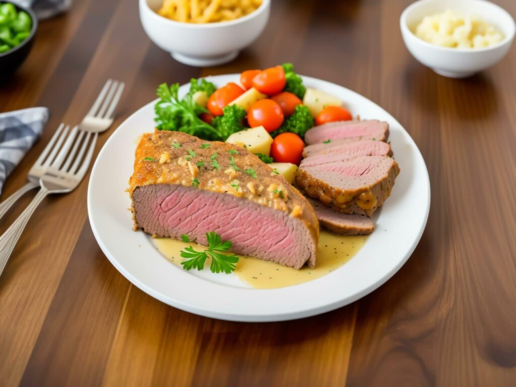 A plate of food with sliced roast beef. Ai generated Image. Stock Free