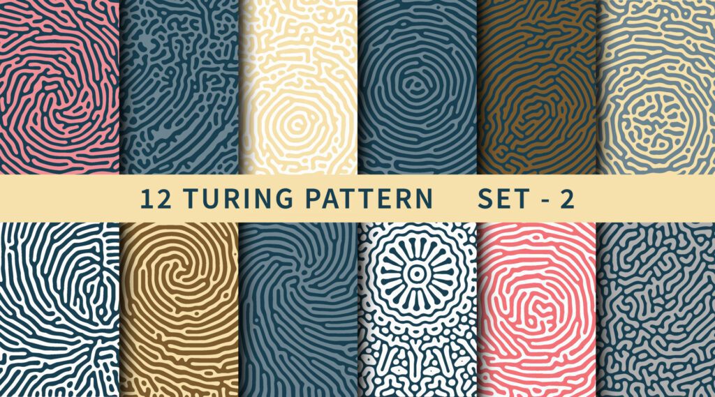 Monochrome reaction diffusion spiral circle shapes abstract turing pattern set Free Vector