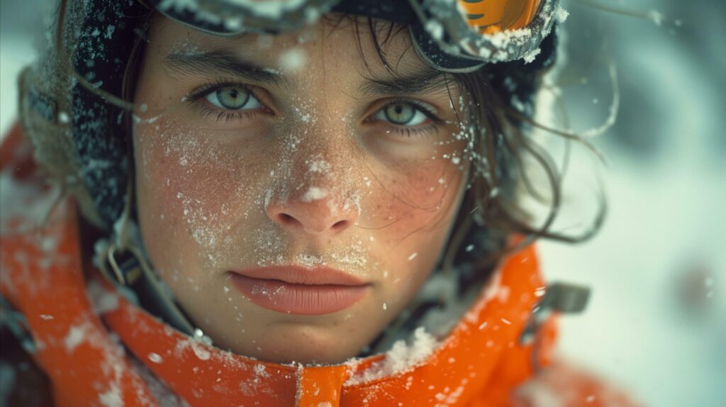 Close-up portrait of a snow-covered young woman in winter gear Free Photo