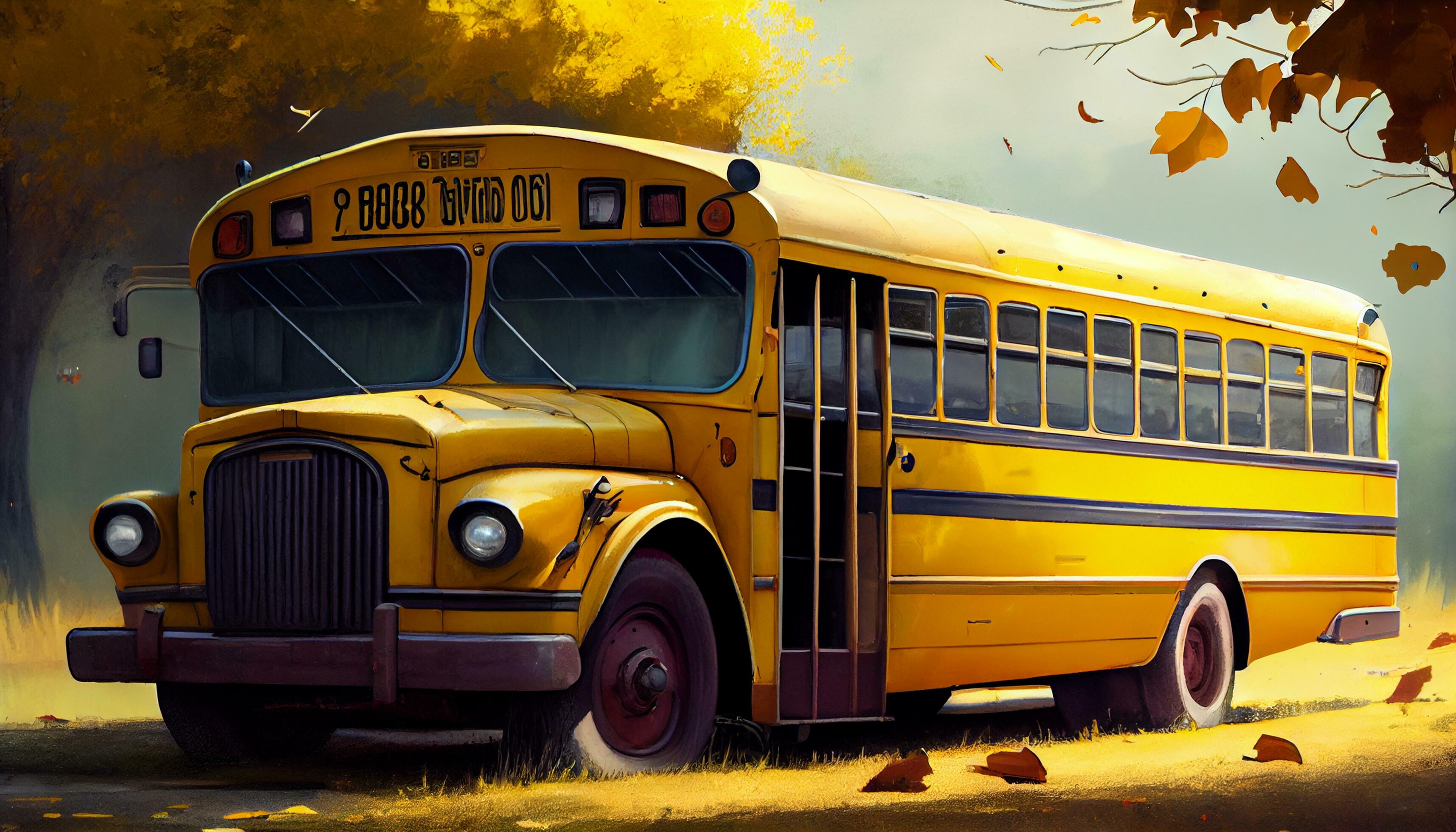 Yellow school bus transports children on autumn day ,generative AI Stock Free