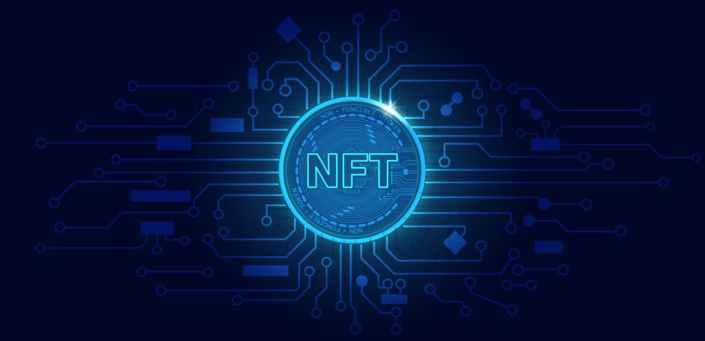 Non fungible token NFT.Technology background with circuit.NFT logo dark blue.Crypto currency concept. Free Vector