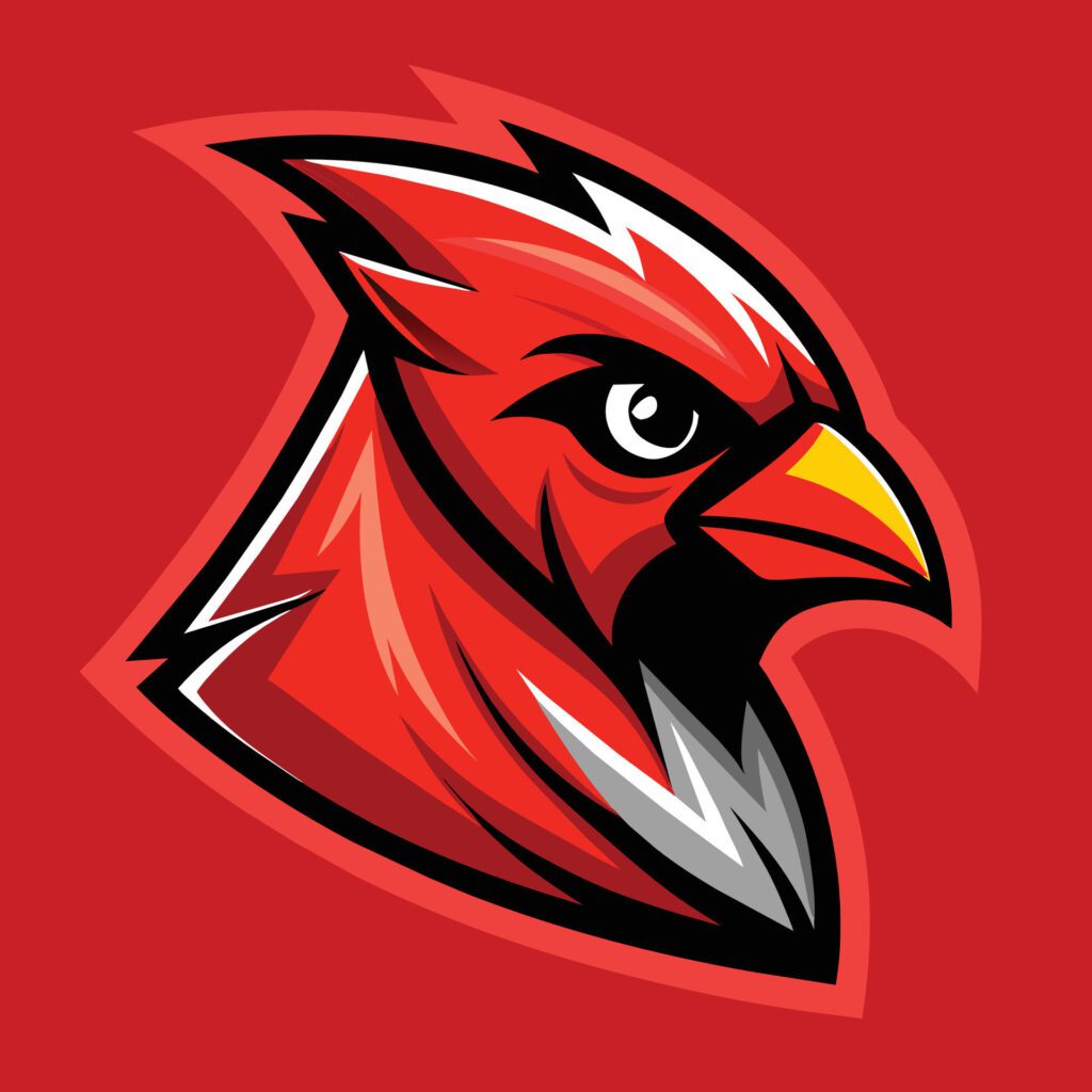 A sleek cardinal bird stands out against a vibrant red background in this striking image, Sleek Cardinal Mascot Logo Free Vector