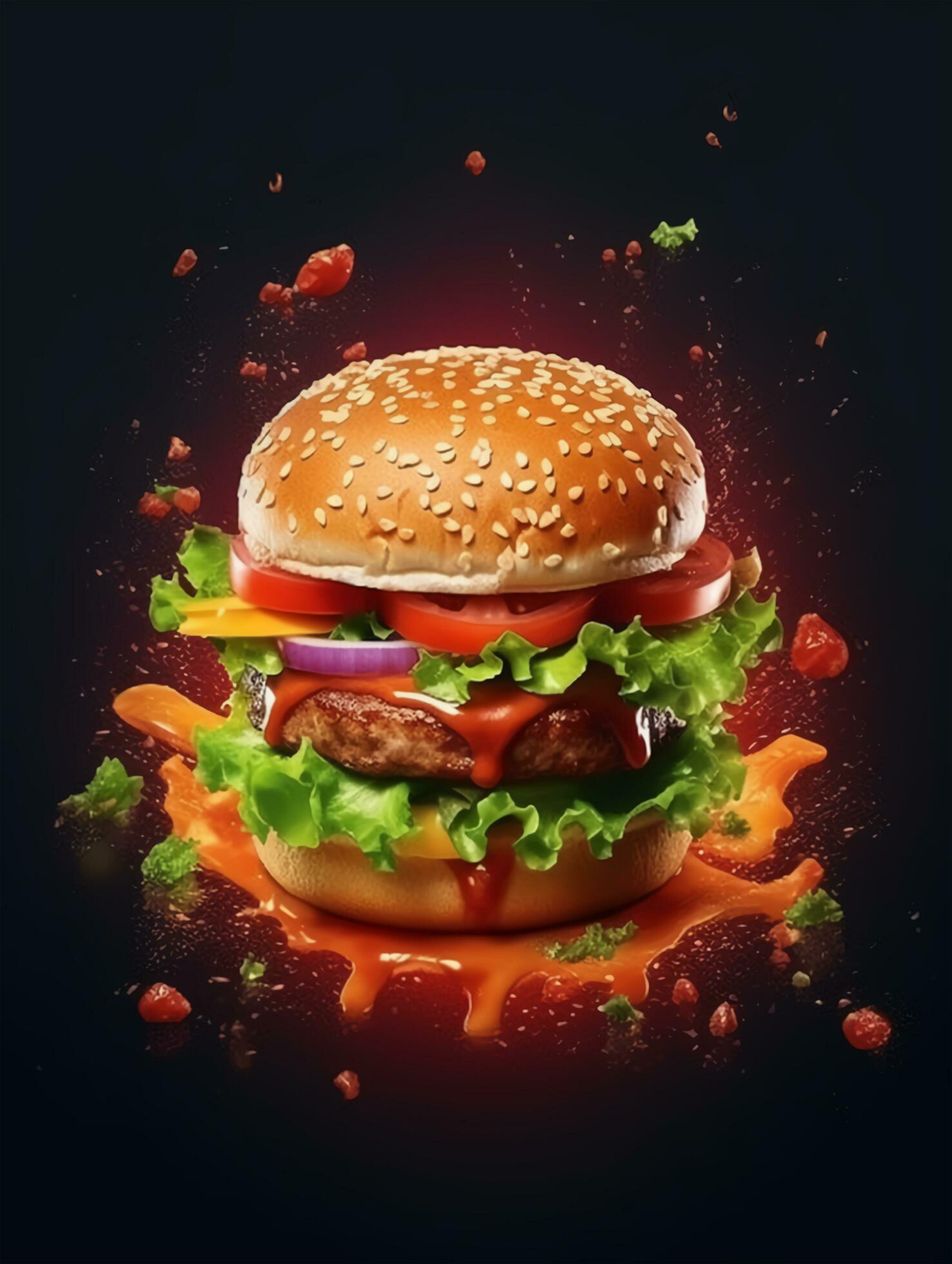 Fast food burger poster, burger design service promotion template. Burger flyer for restaurant menu, cafe, etc. Generative Ai. Stock Free