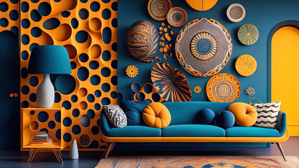 Interior of modern living room with blue sofa, orange and blue patterned walls, Stock Free