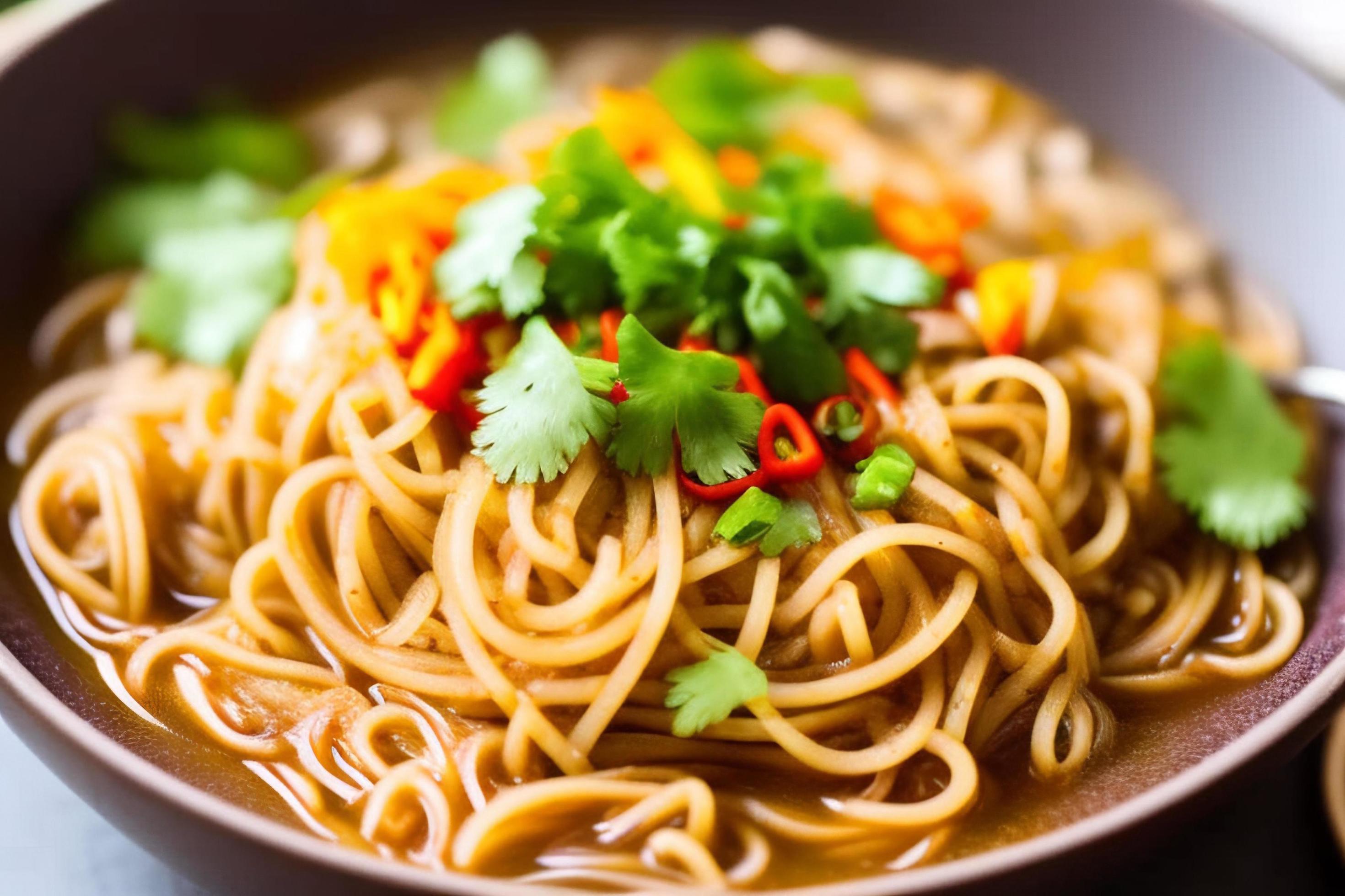 Delicious noodles. Fast food meal with appetizing pasta and chopsticks. Stock Free