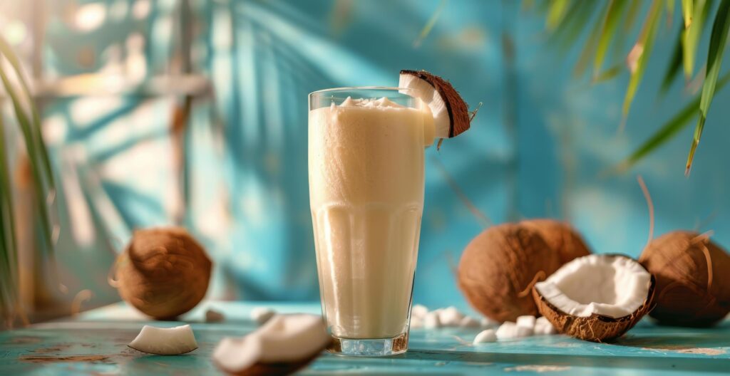 Creamy Coconut Drink With Tropical Palm Leaves on a Blue Background Stock Free