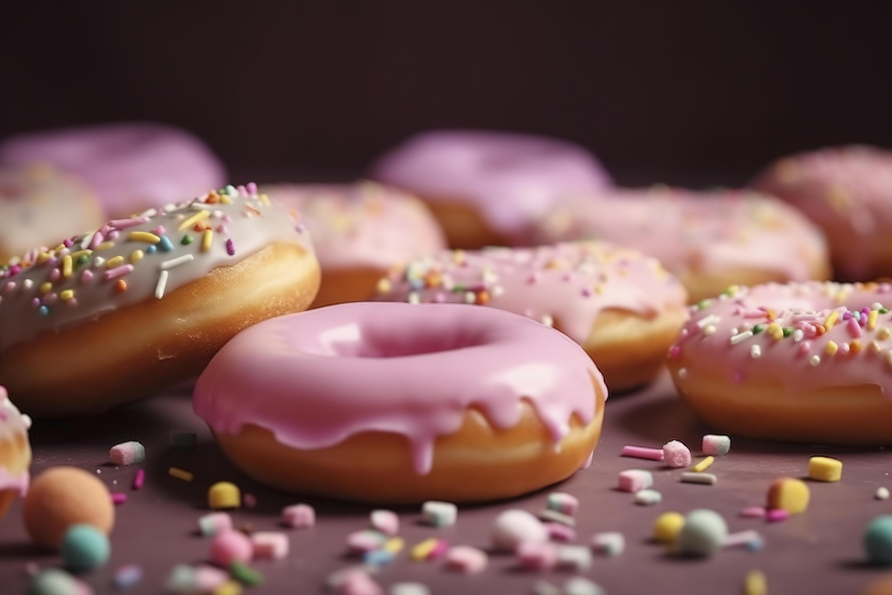 Pink donuts with sprinkles. Sweet food background, freshly baked donut. image. Stock Free