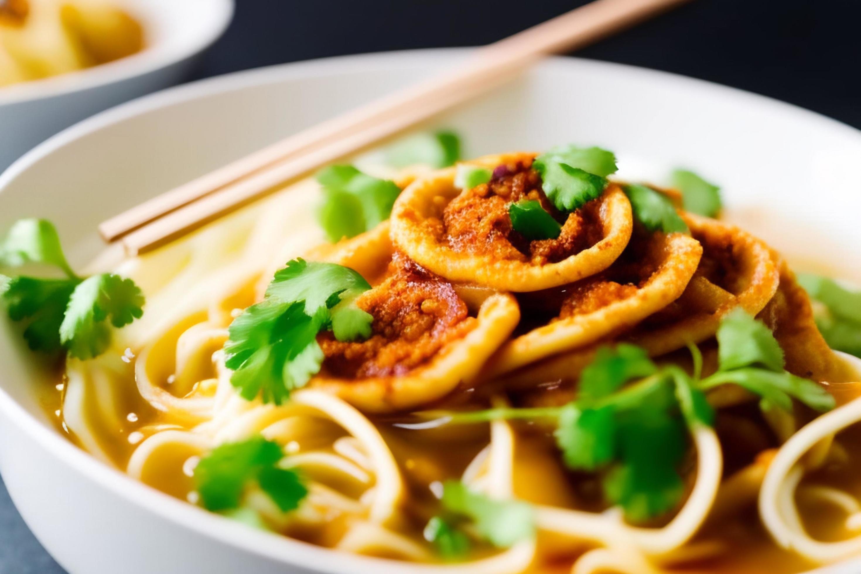 Delicious noodles. Fast food meal with appetizing pasta and chopsticks. Stock Free