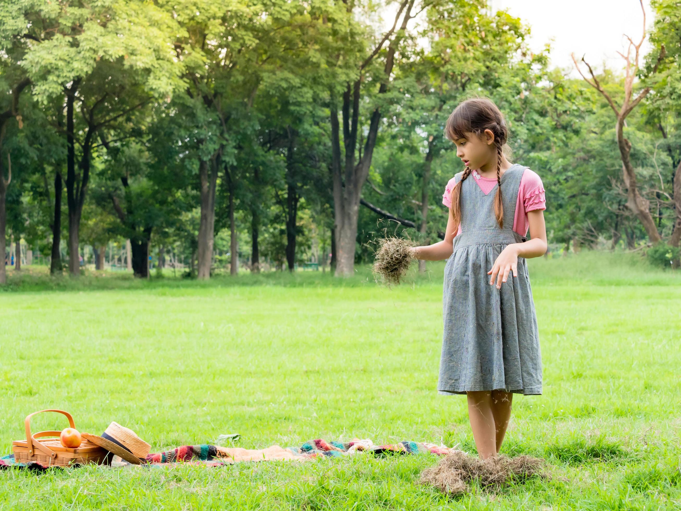 Young children play and learn outside of school to enjoy themselves in the nature park Stock Free