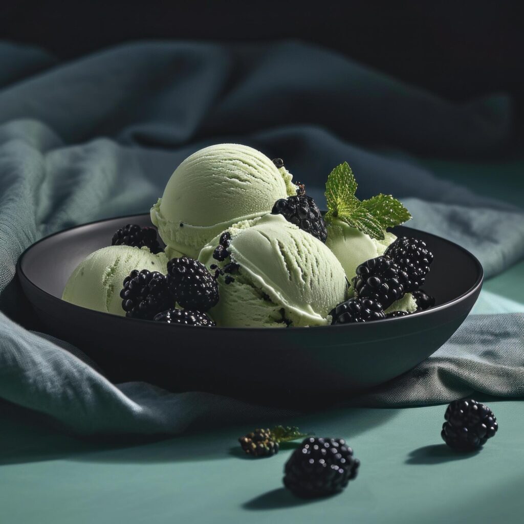 a bowl of ice cream with green fruits and berries Free Photo