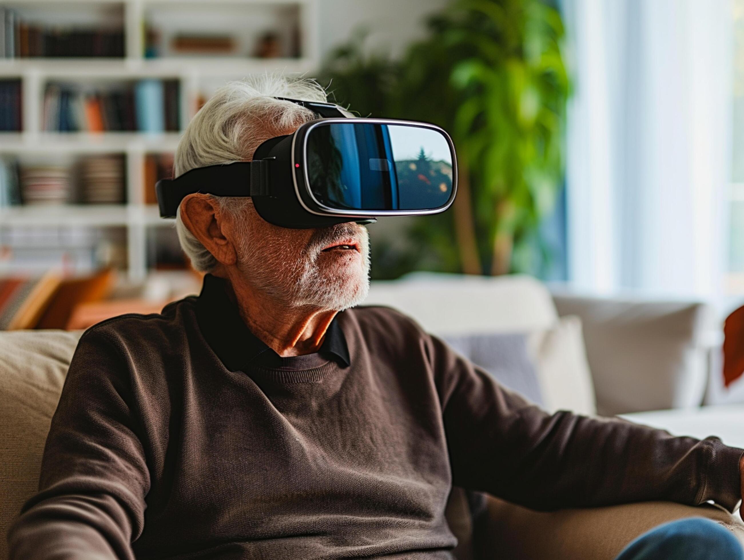 AI generated online education Senior Man wearing VR Headset with Living Room Background AI Generative Stock Free