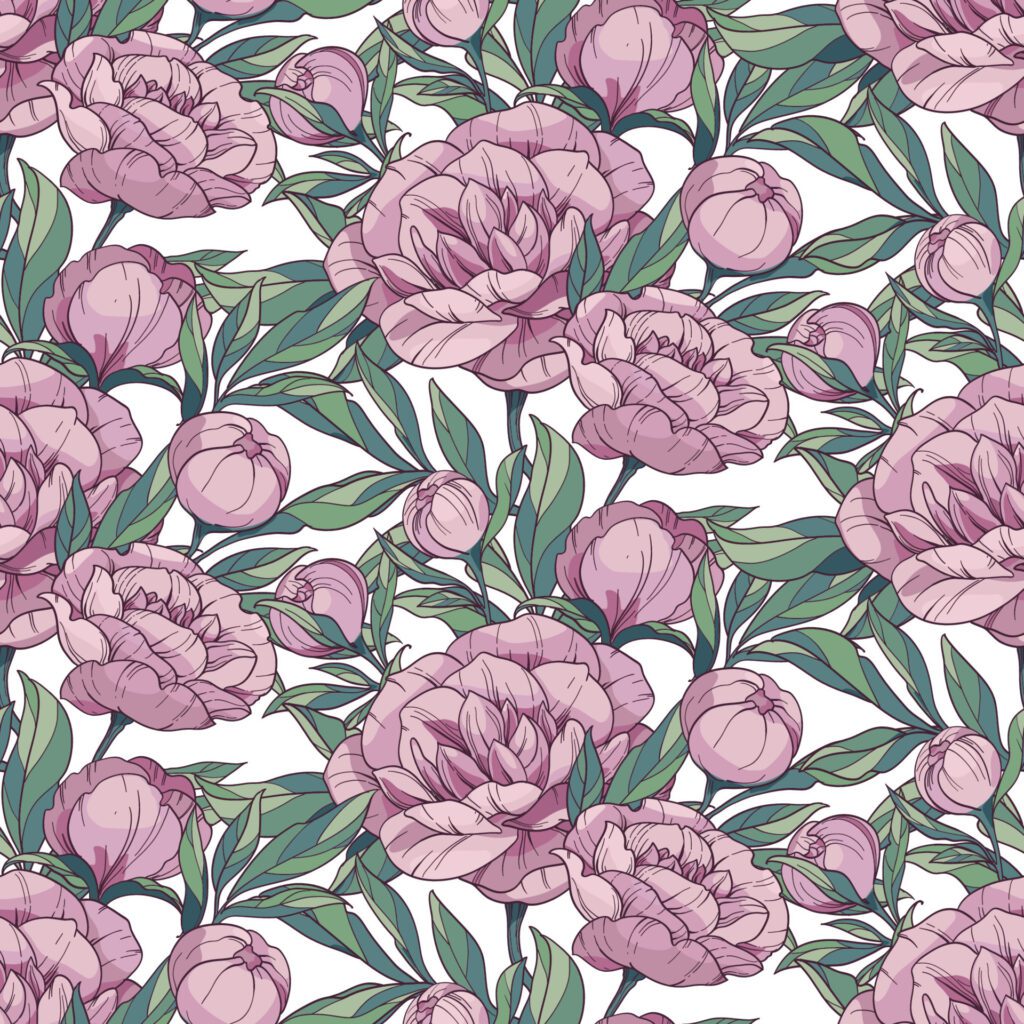 seamless floral vector pattern with pink peonies. Outline flowers and buds with green leaves on a white background. Free Vector