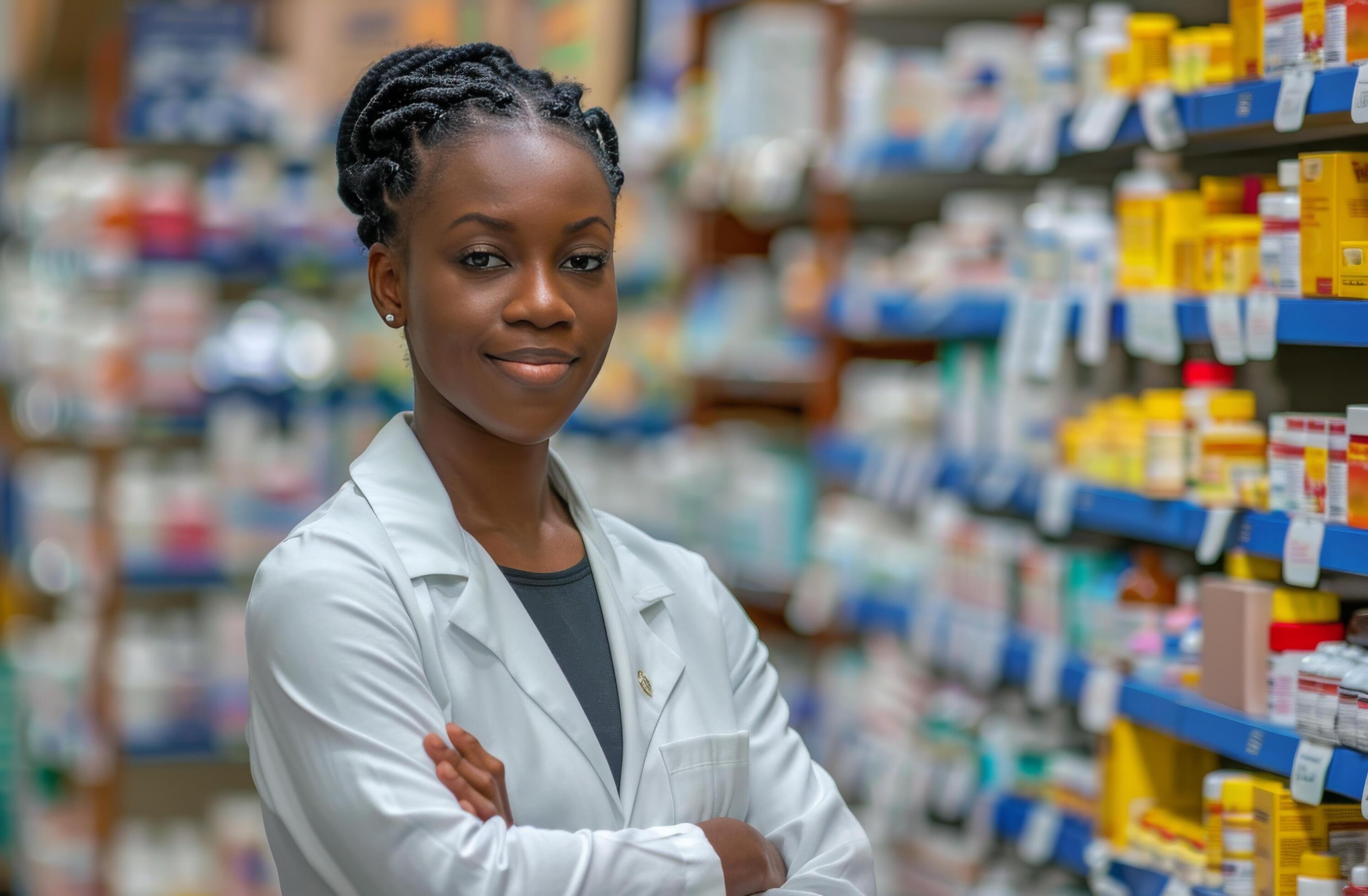 Pharmacist Woman Standing In Pharmacy With Shelves Of Medications Stock Free