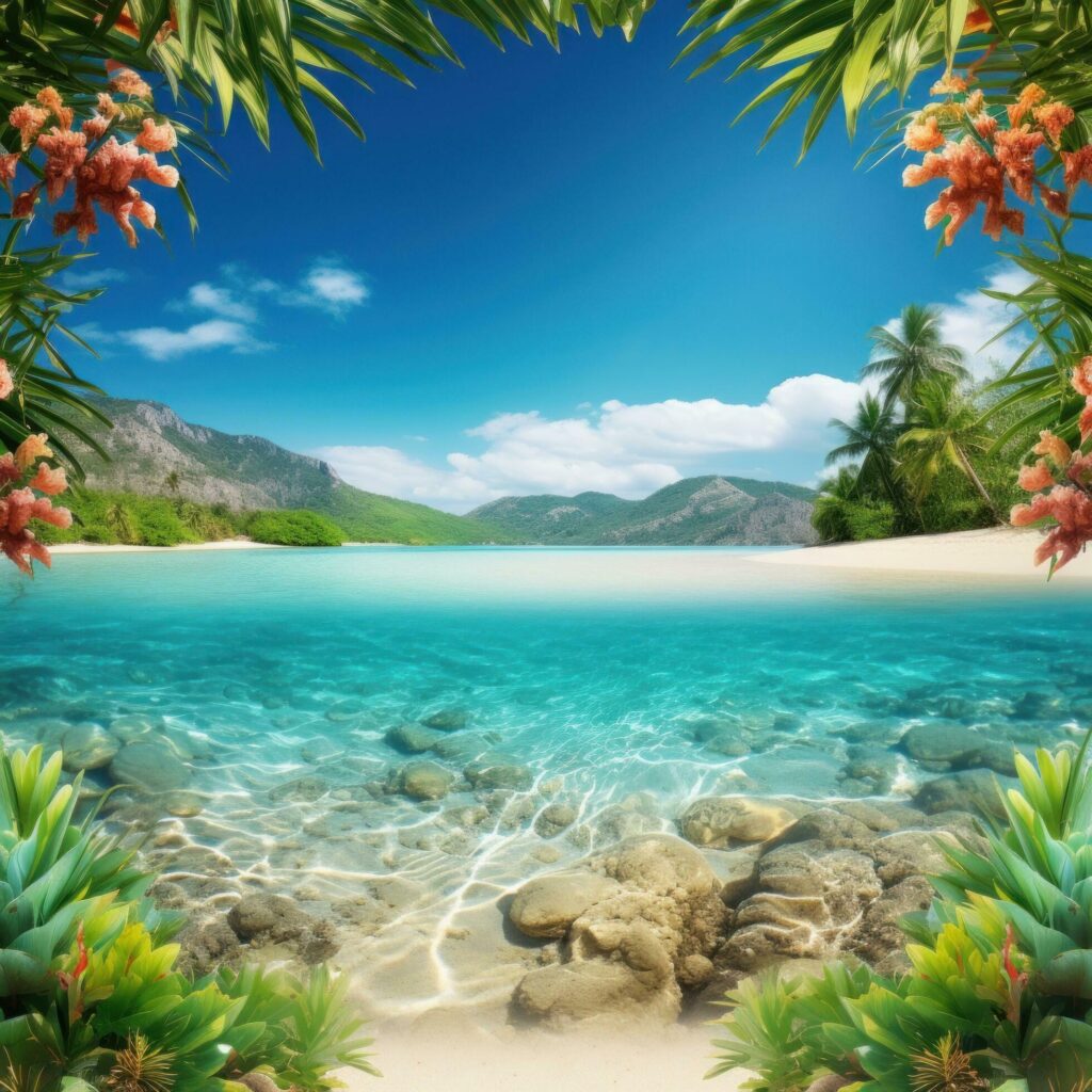 AI generated A vivid travel vacation background with lush greenery, crystal-clear waters Stock Free