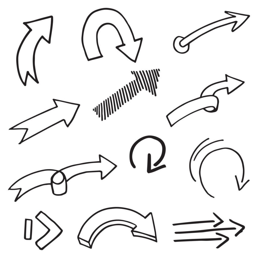 hand drawn Arrows icons Set. arrow icon with various directions. Doodle vector illustration. isolated on a white background. Stock Free